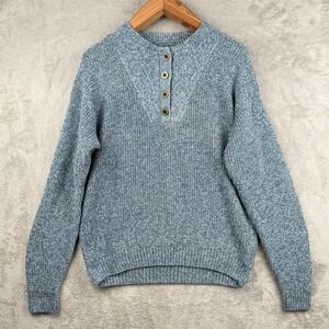 Natural Reflections Henley Sweater Womens L ‎ Blue Herringbone Fisherman Chunky